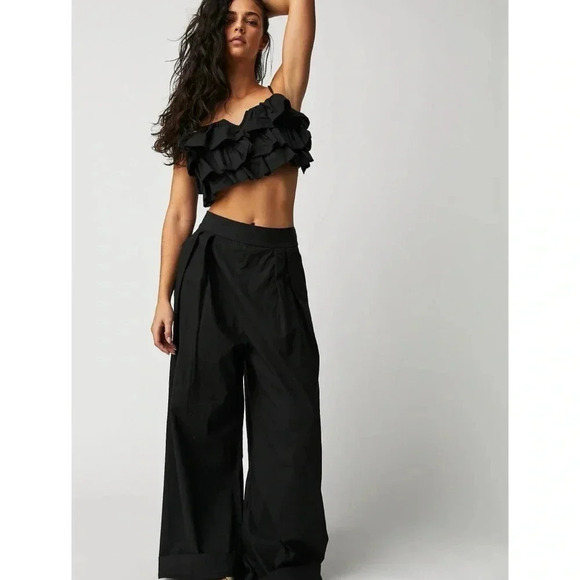 New Free People Danelle Set Two Piece Wide Leg Pants Crop Top Ruffle Black - Picture 1 of 17
